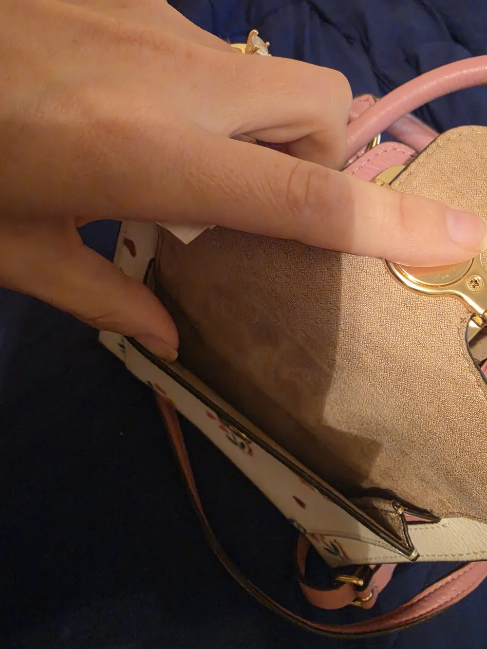 Coach Cream Mini Tote with Pink Floral Accents and Gold Chain
